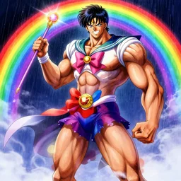 crossdressing magical man in anime style by akiyuki shinbo, body hair, muscular, full body, workout, male, body builder, colorful dress, holding wand, fantasy, smile, illustration, digital painting, best on artstation, best on cgsociety, awarding winning, realistic, epic, stunning, rainbows, sailor moon, hdr, highly detailed