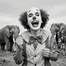 A crying laughing clown, a black and white photograph of financial crisis with elephants and donkeys
