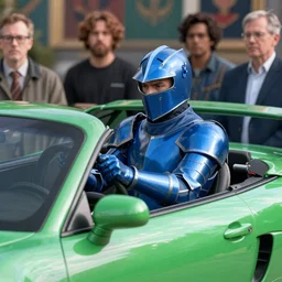 blue knight driving green car, highly detailed, professional digital painting, Unreal Engine 5, Photorealism, HD quality, 8k resolution, cinema 4d, 3D, cinematic, professional photography, art by artgerm and greg rutkowski and alphonse mucha and loish and WLOP