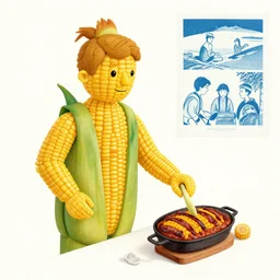 a man made of corn, bbq with corn, risograph by laurie greasley, kawase hasui, josan gonzalez, jean giraud, moebius and edward hopper, colourful flat surreal design, in the style of oxenfree and hollow knight, super detailed, a lot of tiny details, fullshot