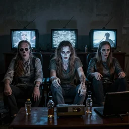 masses being lobotomized watching television, realistic, dramatic lighting, fantastic reality, 8 k resolution
