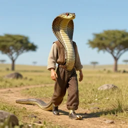 landscape, a realistic portrait and realism, a humanoid cobra walking in 1 7 9 9 s clothes, fine art, sharp focus, ten flats, digital art, bright colors, trending on artstation, unreal engine.