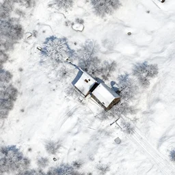 sattelite image of post pocaliptic snow from 250 meters height, only snow, small frozen trees covered with ice and snow, old lumber mill remains, beautiful winter area