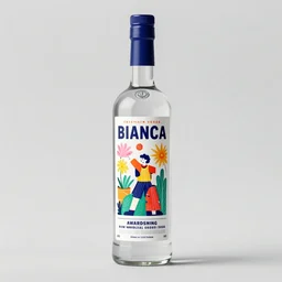 bottle of bianca vodka, award winning label design, label design, bottle design, spirits category, behance trending, pinterest, illustration, drawingd, main market, colourful, liqueur, full bottle pack shot, octane render, 8 k,