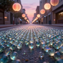 thousands of iridescent marbles in the streets with glowing peach orbs in the sky