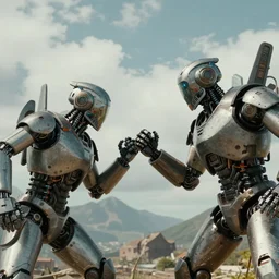 two futuristic Sci-Fi robot fighting each other, landscape, Cyberpunk, Steampunk, close up, cloudy, mountains on background, peaceful day