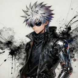 killua zoldyck, cyberpunk ; photorealistic, hyper real, 8 k, high details, detailed painting,, epic lighting, by ilya repin, phil hale and kent williams, wires cybernetic implants, machine noir grimcore in cyberspace photoreal, atmospheric by jeremy mann francis bacon and agnes cecile, ink drips paint smears digital glitches
