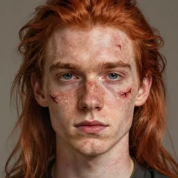 portrait of a thin young man with long red hair, a big scars, big gash on face, freckles on his face, highly detailed, digital painting