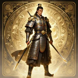 a digital concept ar by artgerm and greg rutkowski and alphonse mucha. clear portrait of a lonely attractive men in uniform of tang dynasty!! heavy armored cavalry of the tang dynasty, tang dynasty sabre, light effect. hyper detailed, character concept, full body!! dynamic pose, glowing lights!! intricate, elegant, highly detailed, digital painting, artstation, concept art, smooth, sharp focus, illustration