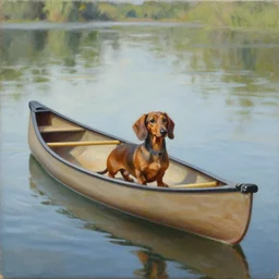 a brown dachshund sitting in a long canoe, detailed painting, weiner dog, oil on canvas, adorable, reflective water, wide angle shot