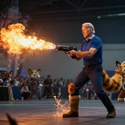 joe biden with flamethrower at furrycon, splash art, movie still, cinematic lighting, ray tracing, octane render, long lens, shallow depth of field, bokeh, anamorphic lens flare, 8 k, hyper detailed, 3 5 mm film grain