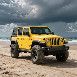 yellow jeep rubicon on a beach
