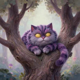 an adorable cheshire cat asleep in a tree | highly detailed | very intricate | symmetrical | whimsical and magical | soft cinematic lighting | award - winning | wonderland | painted by donato giancola and paul lehr and ross tran | pastel color palette | featured on artstation