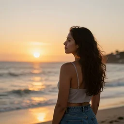 portrait of brunette woman standing back and looking to the sunset in mexican gulf