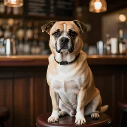 photo of a dog sitting at a bar, hd, photorealistic, professional photograph