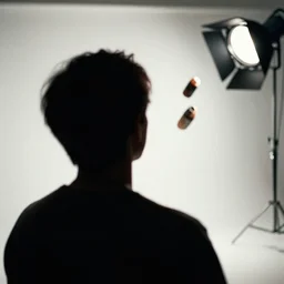 photo still of behind view, silhouette of corbin bleu enchanting a floating object, 8 k, studio lighting bright ambient lighting key light, 8 5 mm f 1. 8