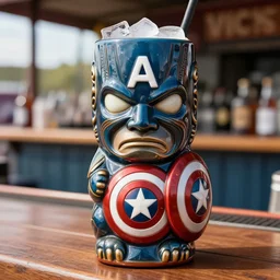 a closeup photorealistic photograph of a glossy captain america style tiki mug sitting on an outdoor trader vic's bar featuring captain america's face. tiki theme. icy drink. shield. bright scene. fine detail. this 4 k hd image is trending on artstation, featured on behance, well - rendered, extra crisp, features intricate detail, epic composition and the style of unreal engine.