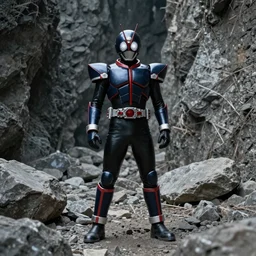 High Fantasy Kamen Rider standing in a rock quarry, single character full body, 4k, glowing eyes in helmet, rock quarry location, daytime, black rubber suit, pvc armor, dark blue with red secondary color armor, biomechanical, moody colors, octane render, Beautiful Cinematography, centered