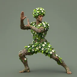 person made of tree, bark for skin, leaf hair, covered in flowers, martial arts pose fantasy character portrait, full body, greg rutkowski, gaston bussiere