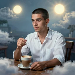 portrait of a ( ( ( un cafe ) ) ), ( ( bellaco guapo joven cubano pelo buzzed camisa blanca ) ), nubes y magia, el sol, concept character, by greg rutowski and mucha and bierstadt and remington, trending on artstation