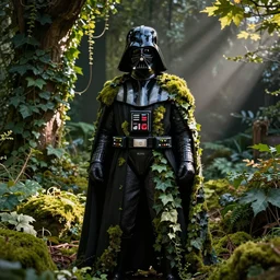 Darth Vader covered in ivy and moss, in an overgrown garden