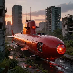 highly detailed futuristic submarine warship with red and orange glow, on the background brutalist architecture by Le Corbusier, abandoned buildings, empty streetscapes, surrounded by lush green vegetation, ground-level view, puddles of water, stunning volumetric lighting, sunset, trending on Artstation, 8k, photorealistic, hyper detailed, unreal engine 5, cinematic, epic lighting, cryengine, octane render, cyberpunk, dark, gloomy
