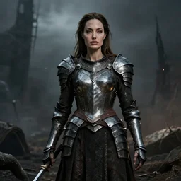 angelina jolie is a female warrior in full metal armor, dark medieval, post-apocalyptic hellscape, tragic, dark, dramatic, realistic, hyperdetailed, 8K, ArtStation, Jacub Rozalski style