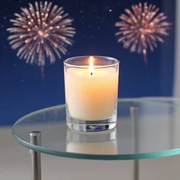 simple luxurious candle - lit glass table with fireworks and starry night in the background