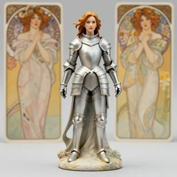emily blunt as a fantasy female knight figurine in a light armor, soft transitions, mixed media, in the art style of alphonse mucha and greg rutkowski and gustav klimt