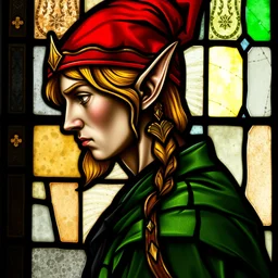side - view portrait of iorveth, an elf, green coat, red cap, tenth century stained glass window, very masterful and detailed
