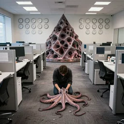 a perfect 1 9 8 8 photograph of a citizen, kneeling over a dying octopus, in an open plan office. there are a thousand clocks on the walls, and the carpet is a fractal cuboid pyramid of desire and pain. the office cubicles are rotating chambers of terror. perfect focus, colour and lighting.
