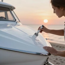 A woman applying paint on a boat, high res, sunset in the background