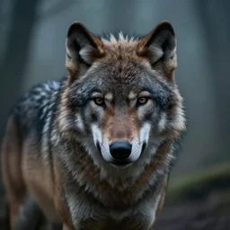 detailed cinematic moody colors studio portrait of a distant big werewolf at the foggy forest, in high quality by jeremy mann, only one head single portrait
