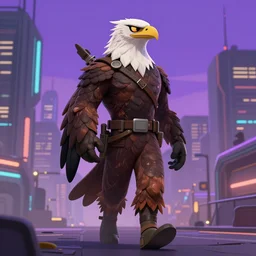 a charismatic man in eagle costume walking in a cyberpunk city watching the purple sky, soft painting, futuristic, cyberpunk, perfectly shaded, octane render, illustration