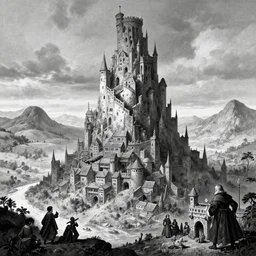 towering crooked ancient fantasy town, artstation, artgerm, by frank frazetta, by peter bruegel the elder, by takato yamamoto, rolling hills, river, black and white, concept art