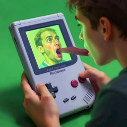 a guy playing a gameboy, his face is being sucked into the gameboy's screen, photorealistic, painterly, modern, hyper realism, green lighting, dynamic shadows, 4 k, unreal engine, artstation