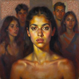 portrait in daring femininity, ethnic, determined face, warm glow, bathed in light, captured memory, motion impressionism, radiosity, terrazzo, pj crook, michael garmash, livia prima, nick alm, casey baugh, deep color, oil on canvas