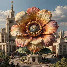 colossal grotesque flower made from best unfulfilled mankind projects in the middle of abandoned post soviet constructivist cityscape, Stalinist architecture, ultradetailed, Intricate by Hayao Miyazaki and Josan Gonzalez and Makoto Shinkai and Giuseppe Arcimboldo and Wes Anderson
