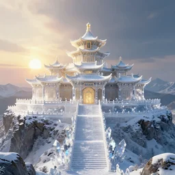 a scene concept design depicting a palace made of crystal at the top of a snowy mountain in changbai, with a magnificent atmosphere illuminated by the sun ， in chinese style ， super wide angle ， matte painting ， rtx on ， trending on cgsociety and artstation, unreal engine ， volumetric light ， poster style ，