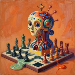 an extremely high quality hd surrealism warm painting of a 3 d perspective neon complimentary - colors cartoon surrealism melting zaha hadid biological anatomical chess - piece by a much more skilled version of kandinskypicasso and salvia dali the fourth, salvador dali's much much much much more talented painter cousin, 8 k, ultra realistic, nerves, veins, arteries