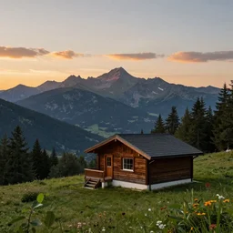 Mountain sunset view from a small chalet hut on a summer day, octane render.