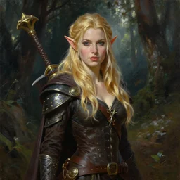 beautiful oil painting of a blonde  half-elf Rogue  woman  from dungeons and dragons in the forest by artgerm and greg rutkowski and thomas kinkade