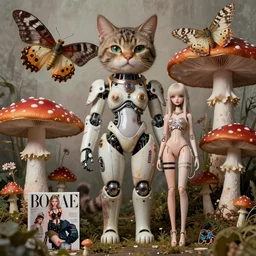 a giant cat and a beautiful jointed art doll, super dollfie, bjd, biopunk, solarpunk, mecha, feminine curves, giant mushrooms, fly agaric, giant moths, surreal, dan mumford, beeple, fashion magazine, vogue, harper's bazaar art, id magazine, intricate, 8 k render in octane, sharp focus, ektachrome