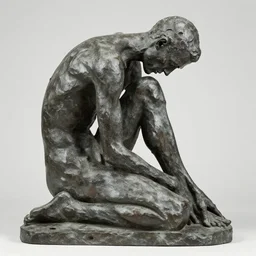 sculpture of a cowering man, in the style of alberto giacometti