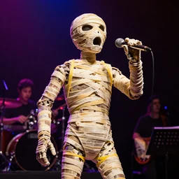 mummy made of rubber bands singing at a concert