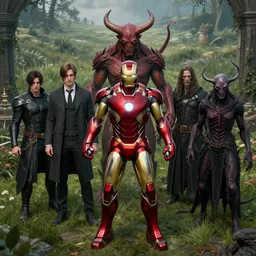 portrait of marvels ironman ( ( at court ) ) by hr giger, greg rutkowski, luis royo and wayne barlowe as a diablo, resident evil, dark souls, bloodborne monster, courtroom, elden ring creature : : in a garden, grassy field, large field in the background
