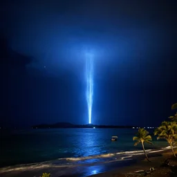 gigantic blue jets, tropical island, night, 4K photo