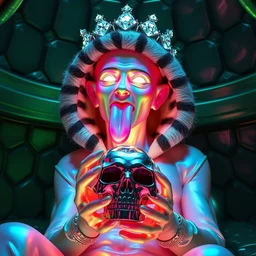 photo of baroque and bladerunner delicate neon diamond sculpture of ceramic seductive albino prince diego villarreal rock and roll sticking tongue out, creamy pink iridescent humanoid deity wearing tiger fur hoody holding diamond skull in a green metallic dungeon, reclining, glowing rainbow face, crown of white diamonds, cinematic lighting, photorealistic, octane render 8 k depth of field 3 d