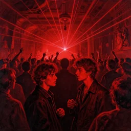 two friends partying at a concert in a crowd and lasers, in the style of beksinski, parts by edward hopper, parts by rodcenko, parts by yue minjun, intricate composition by bosch, red by caravaggio, insanely quality, highly detailed, masterpiece, red light