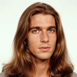 A medium shot, Kodachrome Slide, editorial celebrity photograph of a man with ivory skin, long, rippling cinnamon hair, and eyes the color of gleaming steel. High-key natural flat ambient lighting, 1954 photograph from Vogue Magazine.